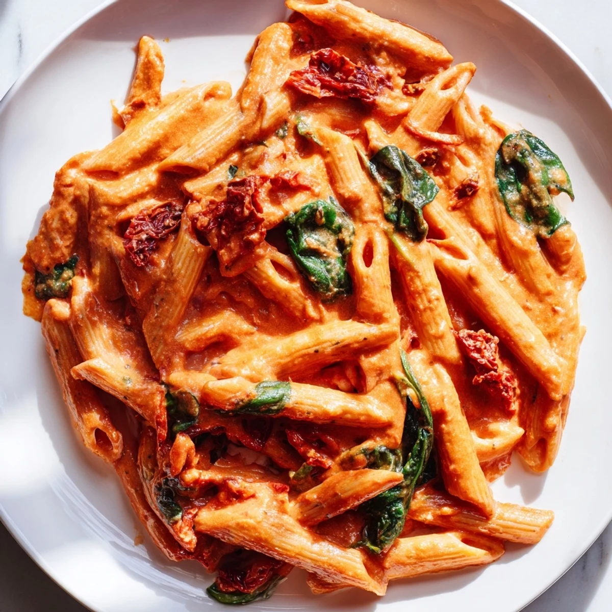 Penne coated in rich sun dried tomato spinach pasta sauce with sprinkled Parmesan cheese