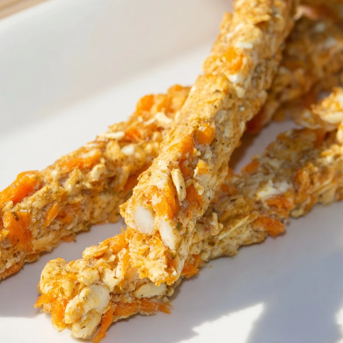 Crispy apple carrot dog treats with visible flecks of orange carrot baked until perfectly crunchy