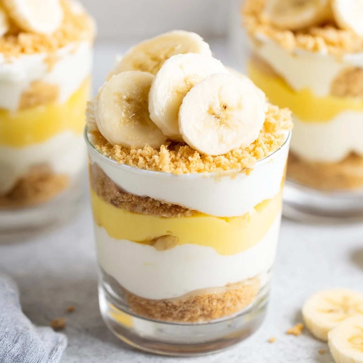 Creamy no bake banana pudding cheesecake cups topped with fresh banana slices and vanilla wafer crumbs