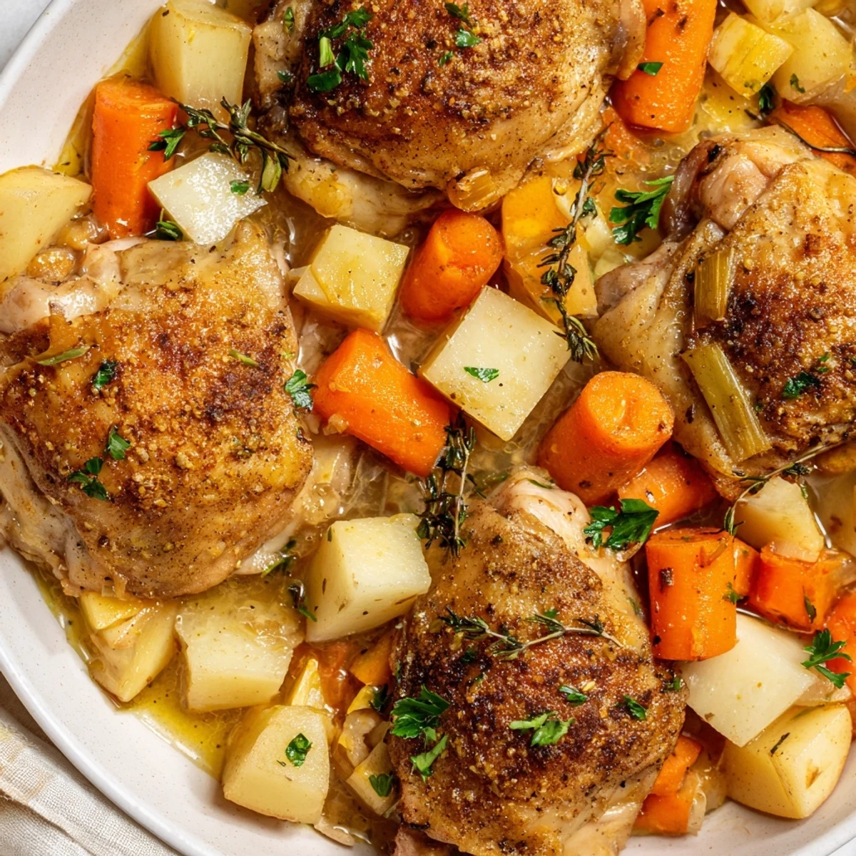 Slow cooker chicken dinner with tender vegetables in savory herb sauce
