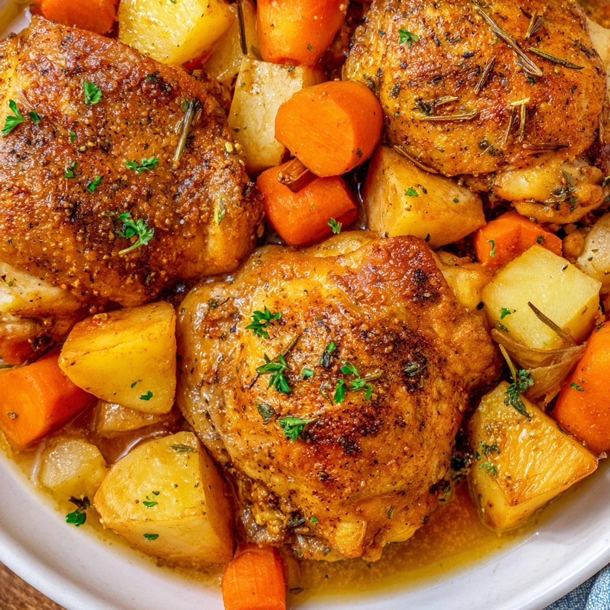 Golden brown chicken thighs nestled among carrots and potatoes in slow cooker
