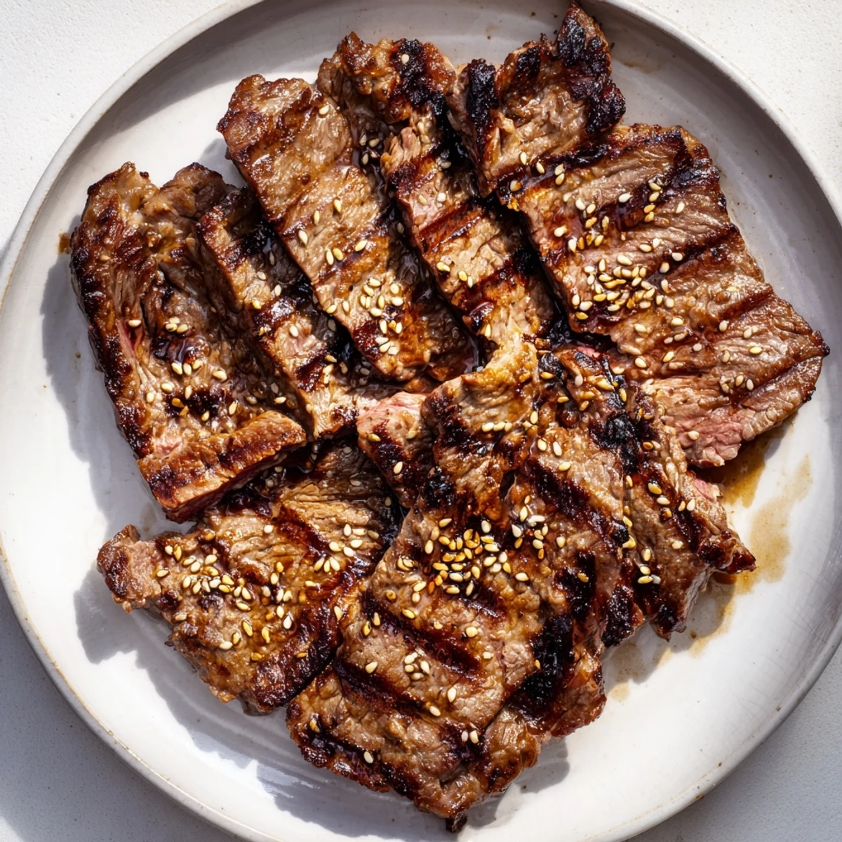 Beef Yakiniku grilled to caramelized perfection with colorful vegetables on a sizzling plate