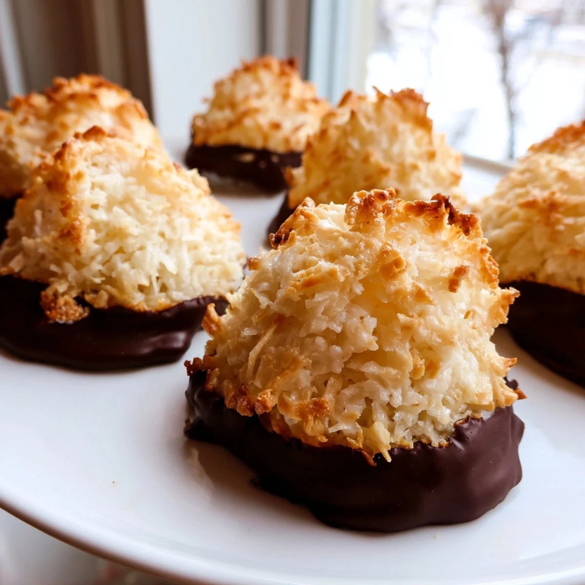 Golden Chewy Coconut Macaroons with crispy edges and soft, tender centers on a white plate.