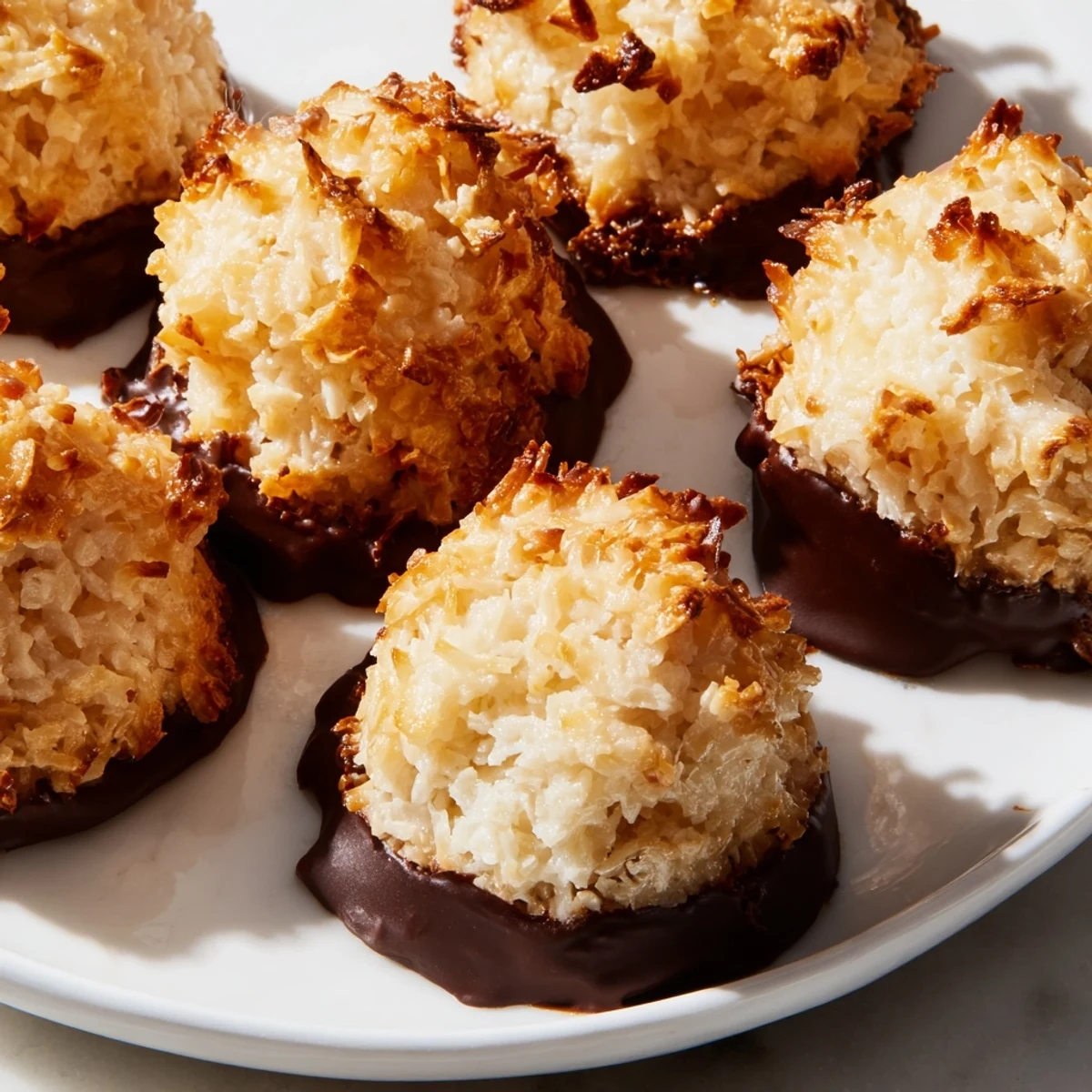 Chewy Coconut Macaroons freshly baked with toasted golden tops, arranged on parchment for easy serving.