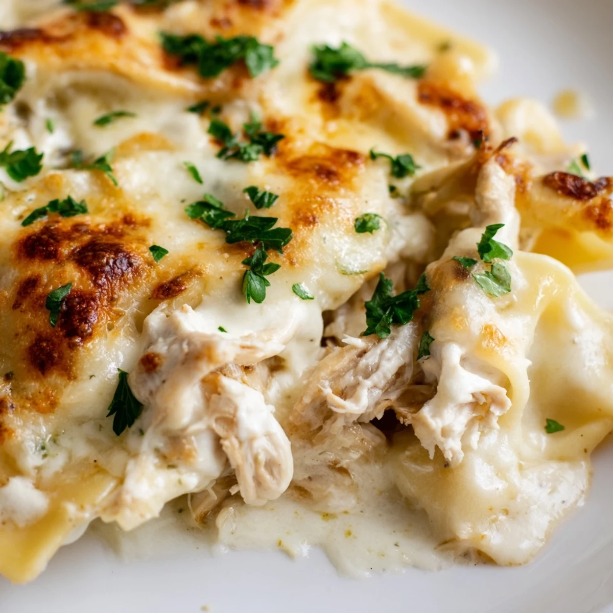 Golden bubbling chicken Alfredo baked ravioli casserole with melted mozzarella cheese topping