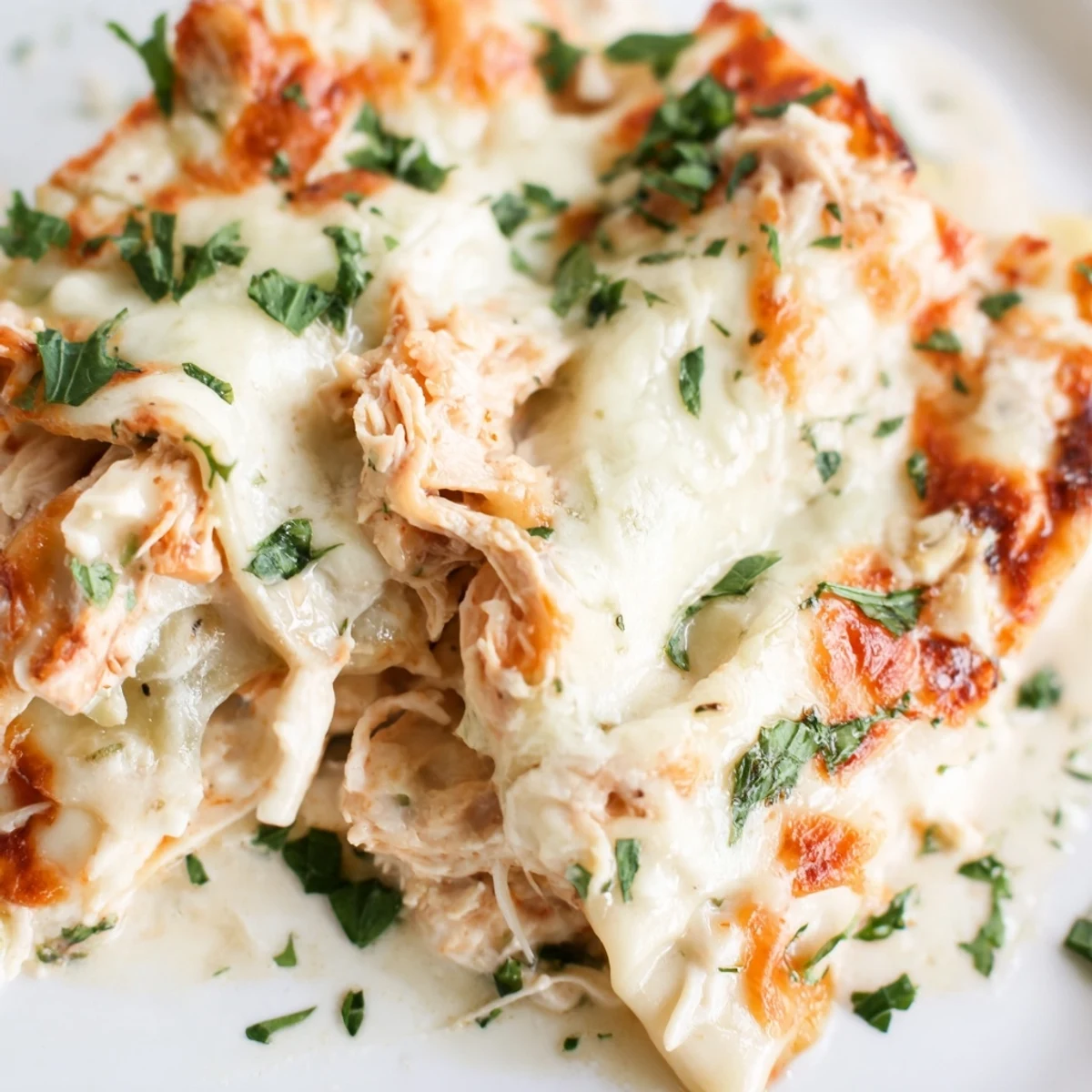 Creamy chicken Alfredo baked ravioli served in a white dish with parsley garnish