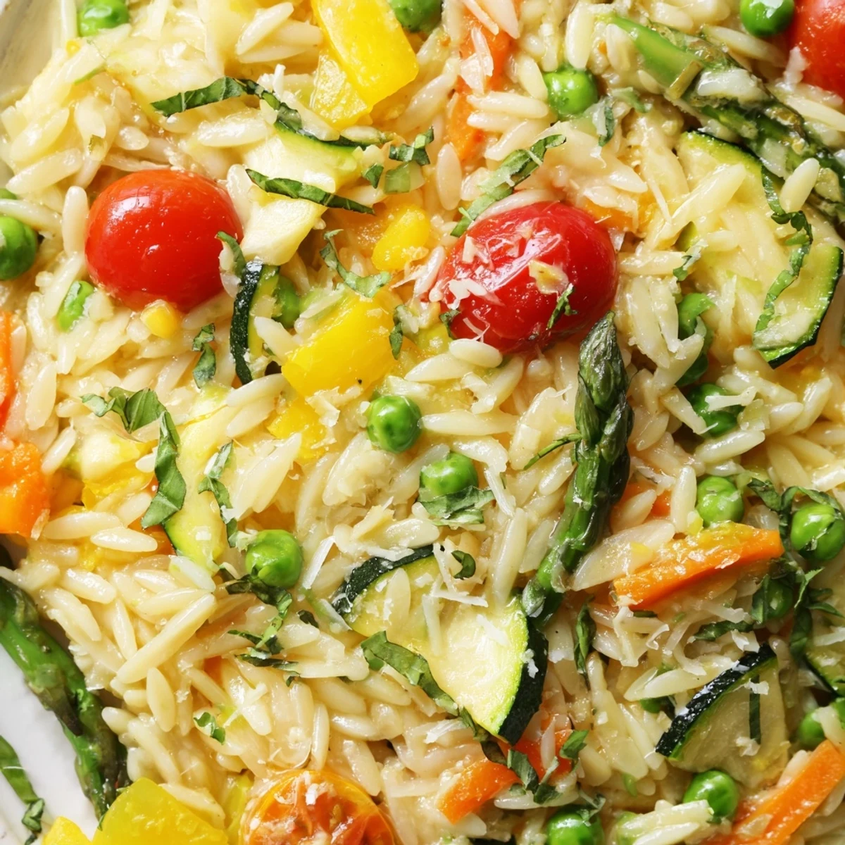 Creamy Orzo Primavera tossed with colorful spring vegetables and fresh herbs in a bright skillet