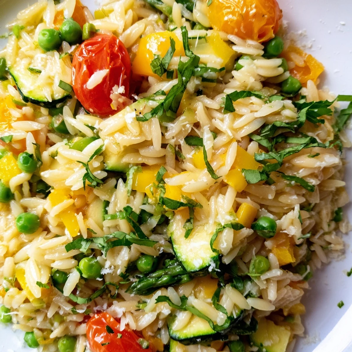 Steaming bowl of Orzo Primavera garnished with basil and shaved Parmesan on a rustic plate
