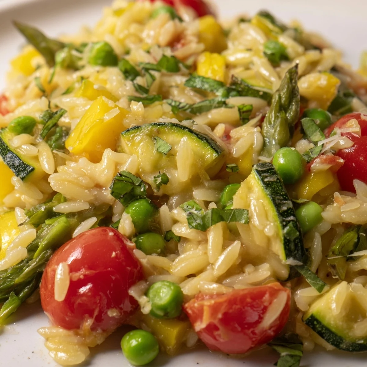 Vibrant Orzo Primavera with tender asparagus, cherry tomatoes, and lemon zest ready for serving