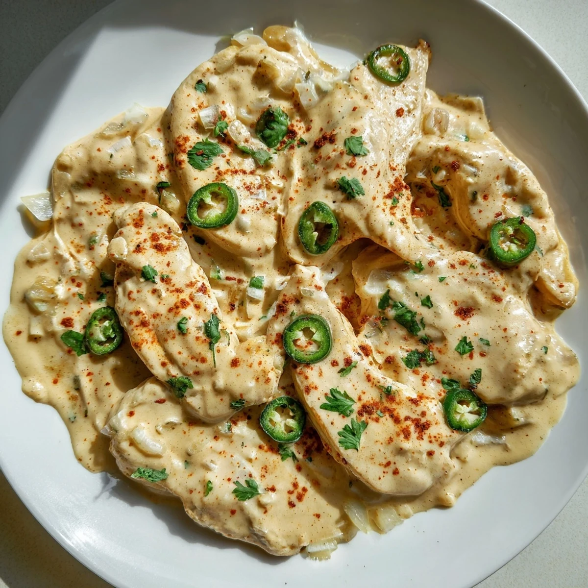 Golden jalapeno chicken breasts draped in creamy spicy sauce with fresh cilantro garnish