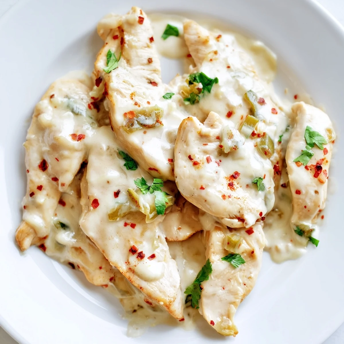 Juicy seared jalapeno chicken simmering in a smooth Monterey Jack cheese pan sauce