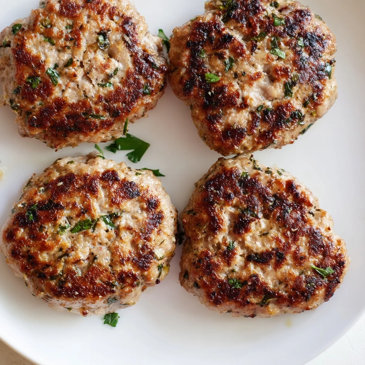Golden brown ground turkey sausage patties sizzling in a cast iron skillet