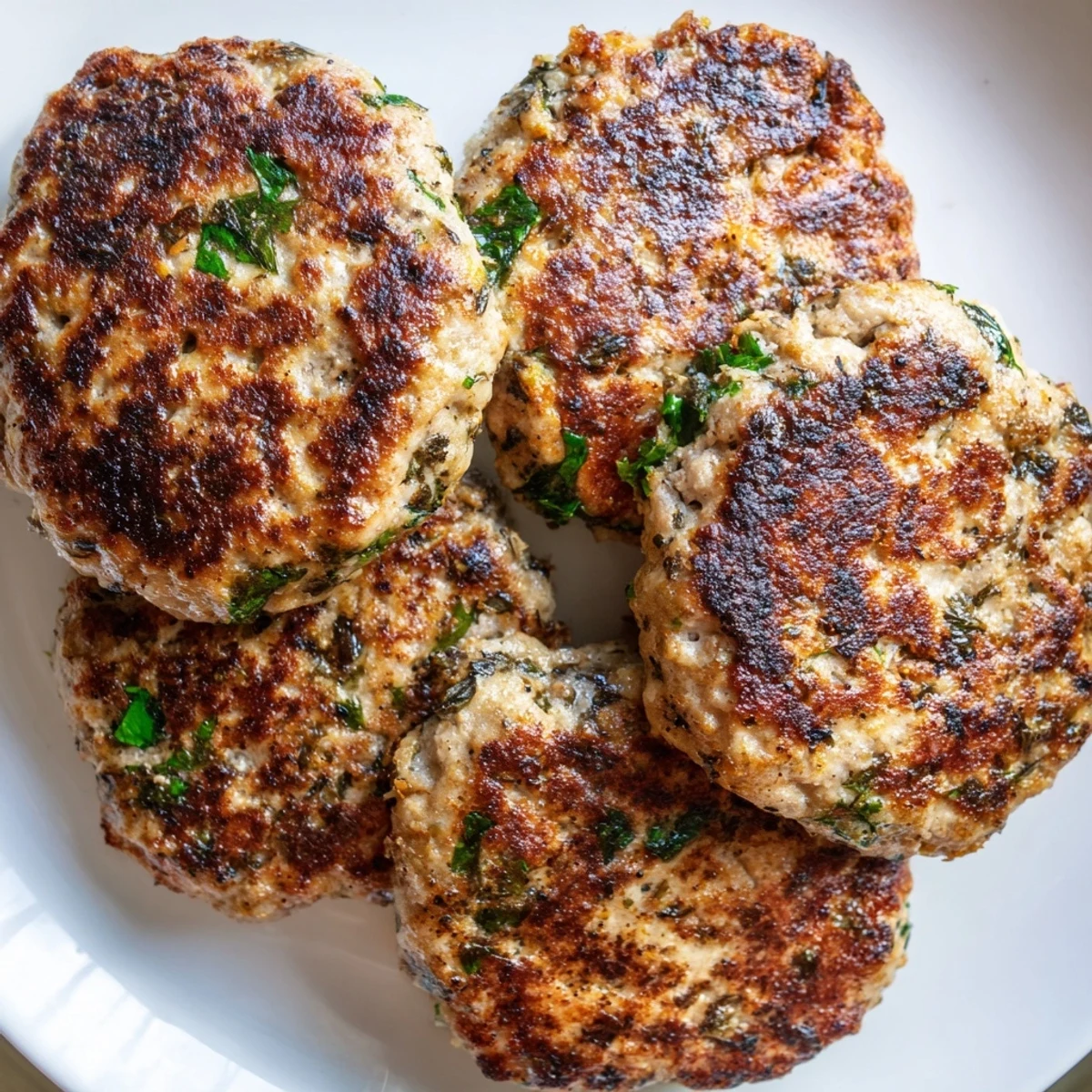 Homemade ground turkey sausage seasoned with sage and paprika on a breakfast plate