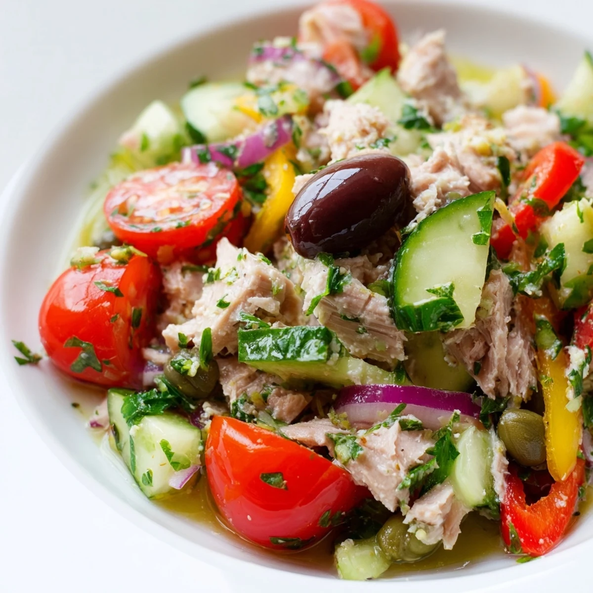 Colorful Mediterranean tuna salad in a bowl with cherry tomatoes, olives, and fresh herbs