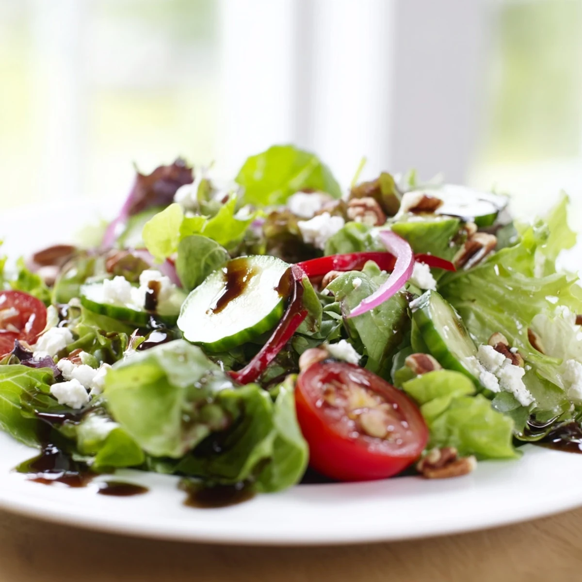 Fresh spring mix salad with colorful vegetables and crumbled feta in a rustic wooden bowl