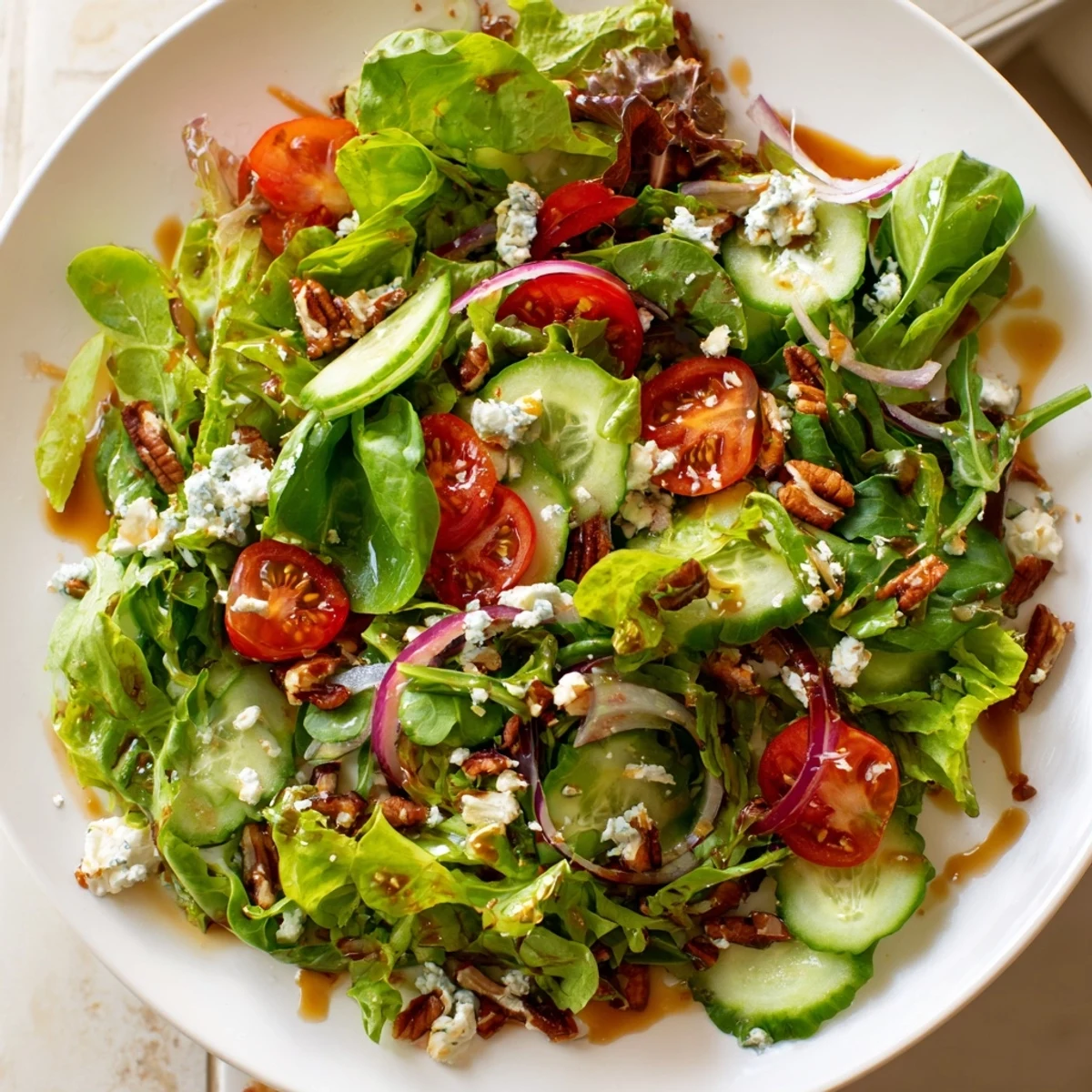 Crisp spring mix salad recipe featuring tender greens cherry tomatoes and zesty balsamic dressing