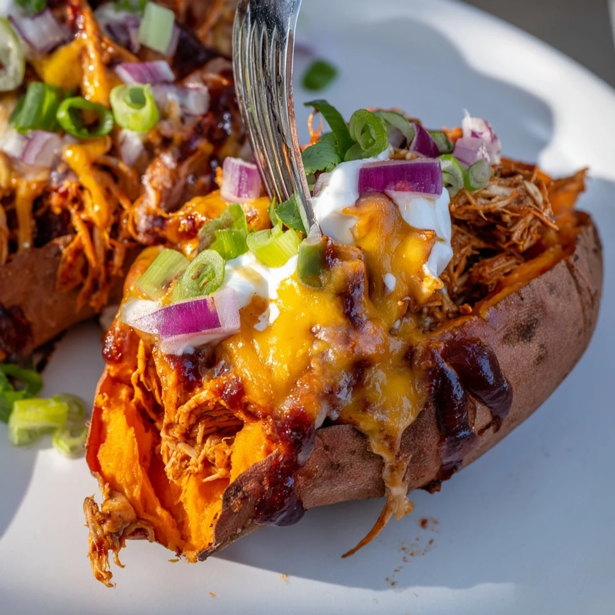 Tender roasted sweet potato split open and loaded with smoky BBQ chicken and melted cheddar cheese