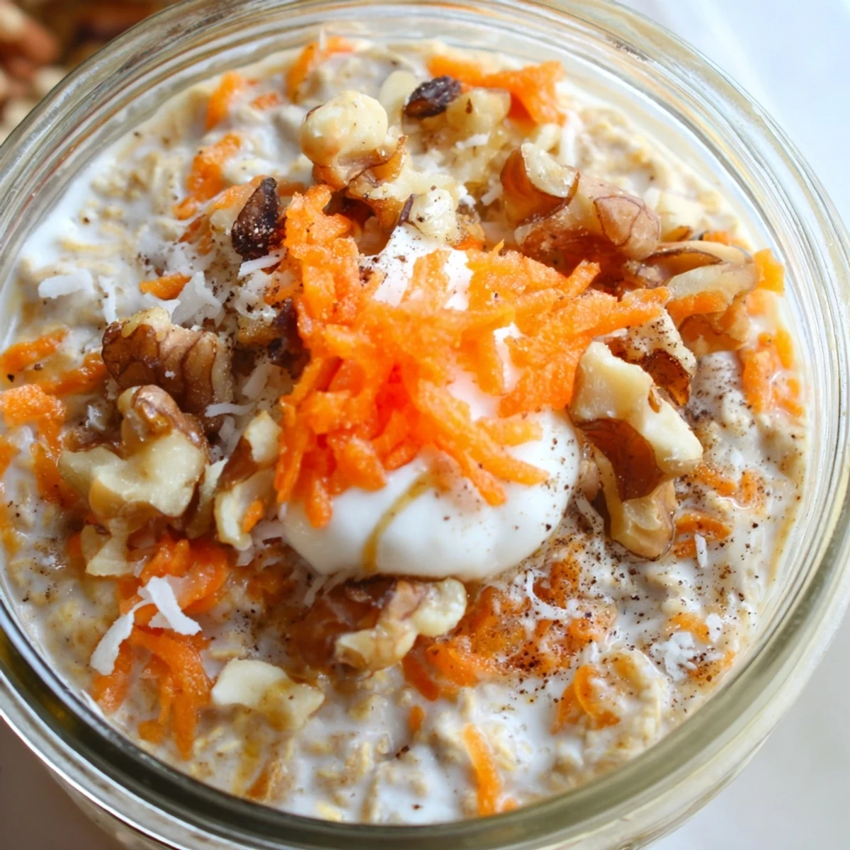 Creamy carrot cake overnight oats topped with walnuts and raisins in a glass jar