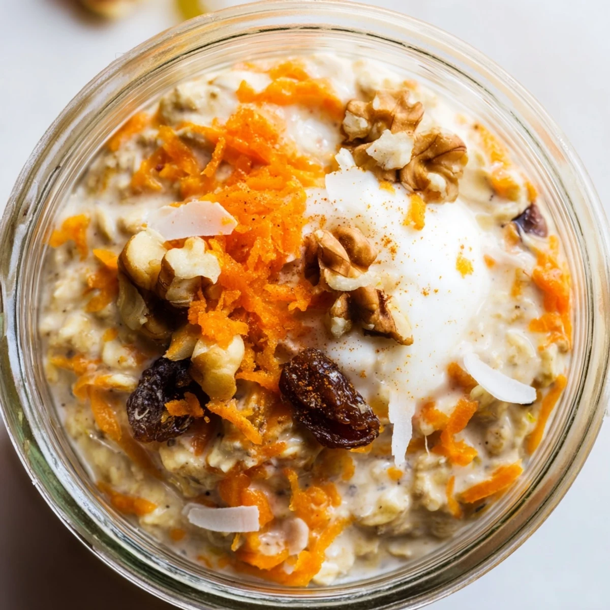 Spiced carrot cake overnight oats served in mason jar with yogurt and coconut