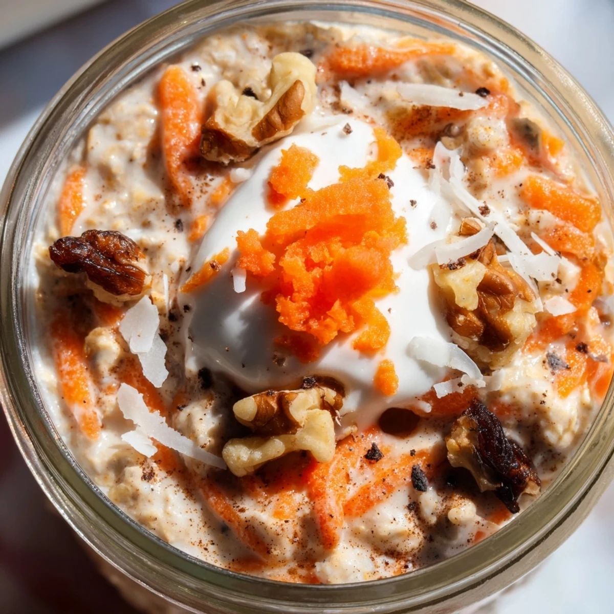 Carrot cake overnight oats with grated carrots, cinnamon, and maple drizzle ready to eat