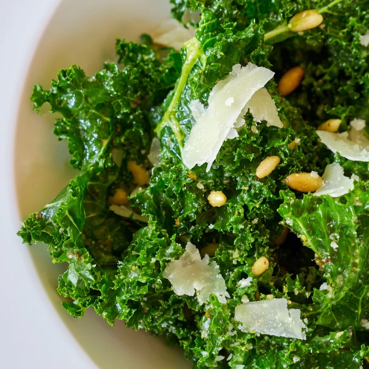 Garlic Lemon Parmesan Kale Salad glistening with bright citrus dressing and shaved cheese