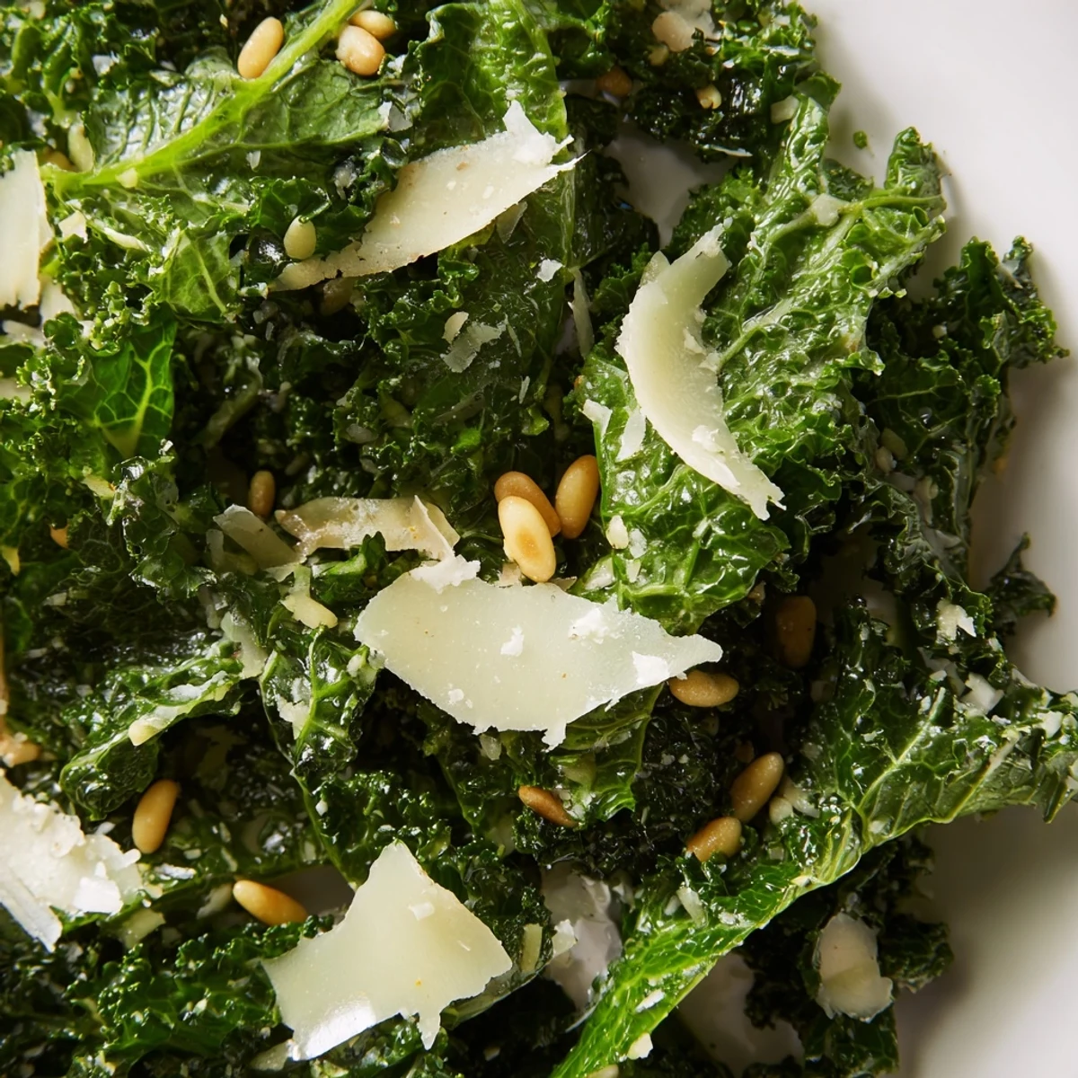 Crisp massaged kale leaves coated in garlic-lemon Parmesan dressing with toasted pine nuts