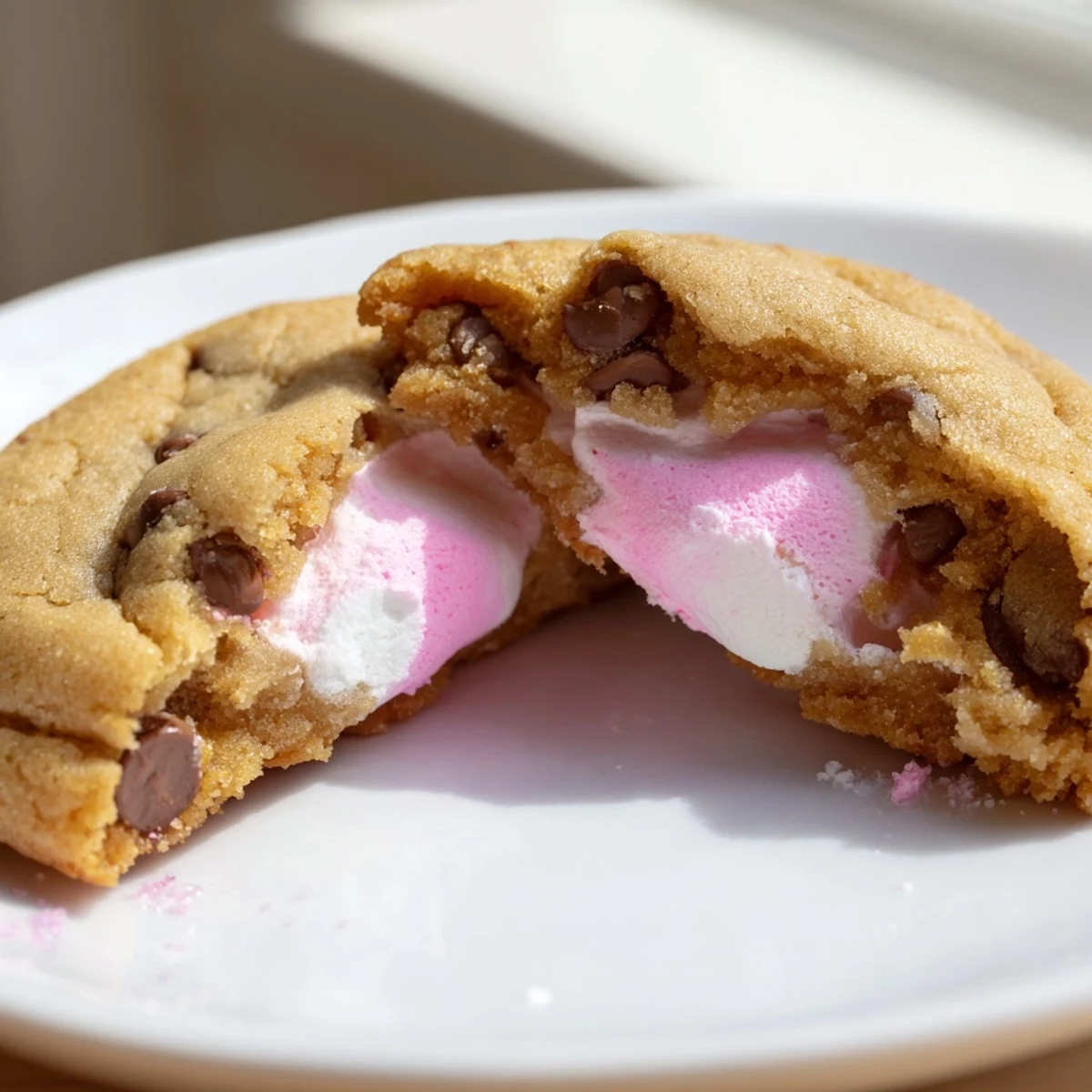Soft Chocolate Chip Peep Stuffed Easter Cookies with gooey marshmallow peeking through golden edges