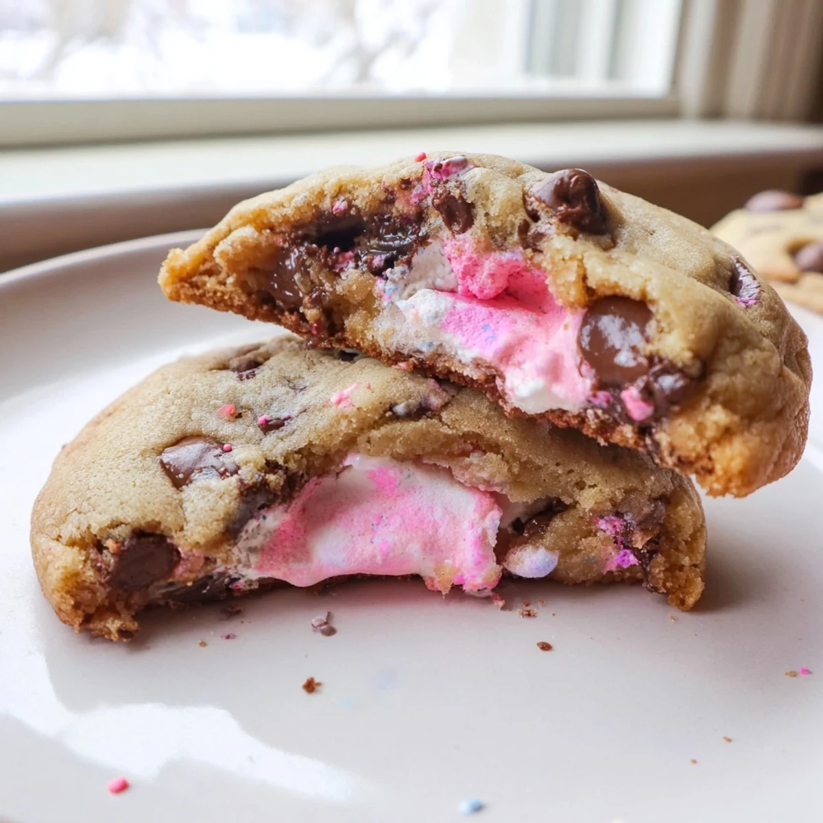 Colorful Peep hidden inside warm chocolate chip Easter cookies on a rustic baking sheet