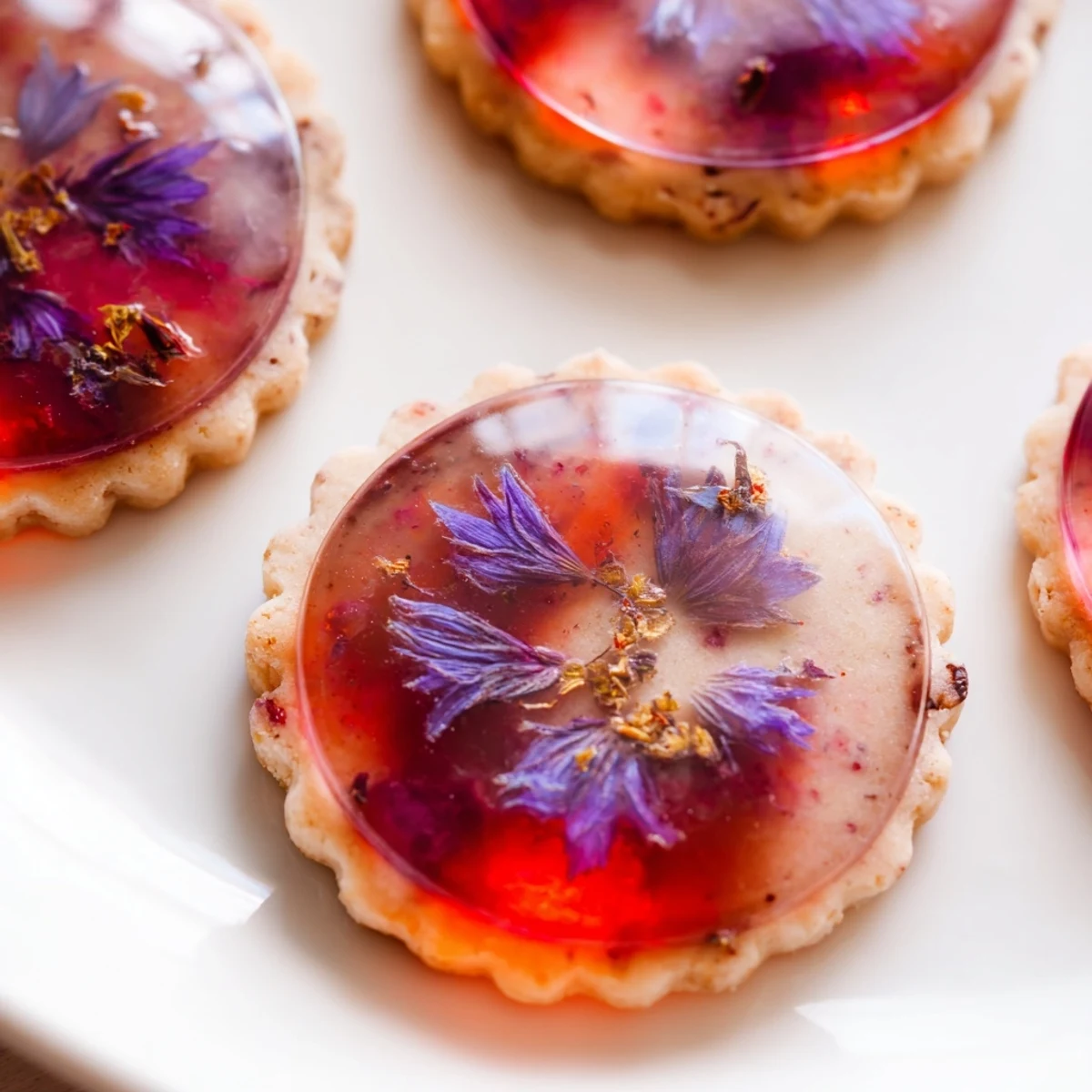 Delicate Earl Grey Stained Glass Floral Cookies with colorful jewel-toned candy centers and pressed edible flowers