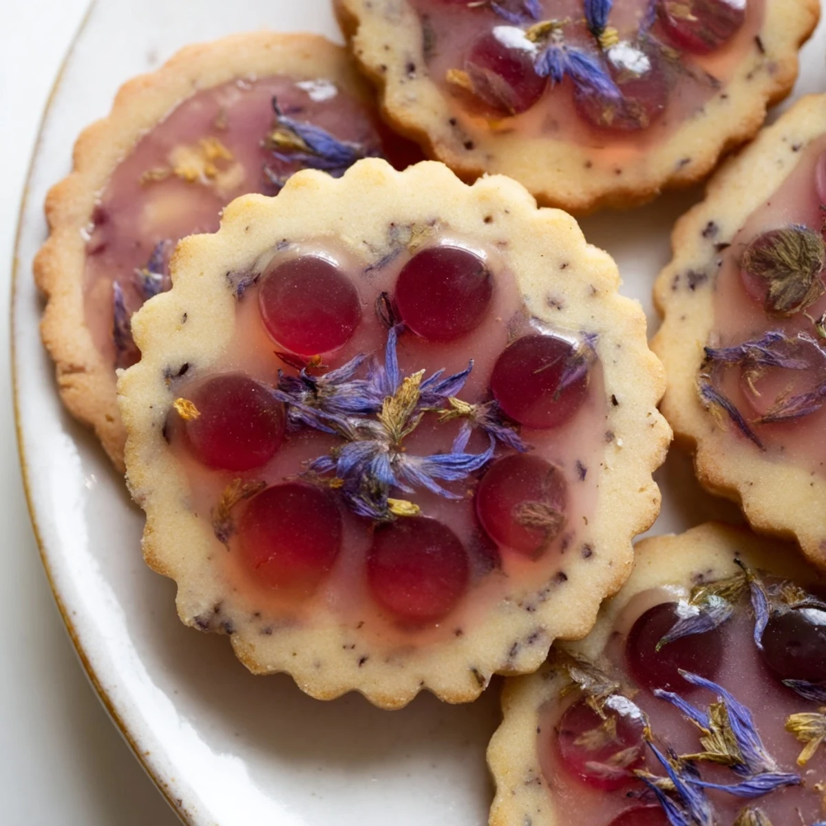 Elegant vegan gluten free Earl Grey Stained Glass Floral Cookies arranged on a vintage porcelain tea plate