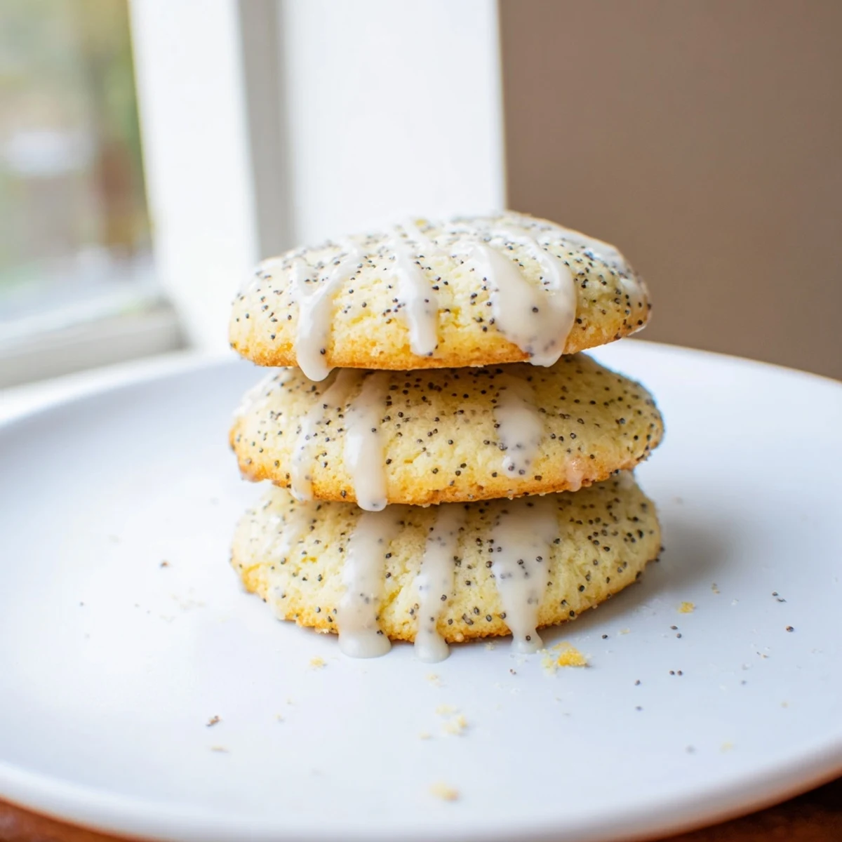 Golden lemon poppy seed cookies with speckled tops arranged on a rustic white baking sheet