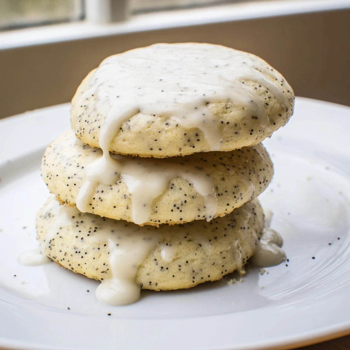 Chewy lemon poppy seed cookies drizzled with sweet tangy glaze on a cooling rack