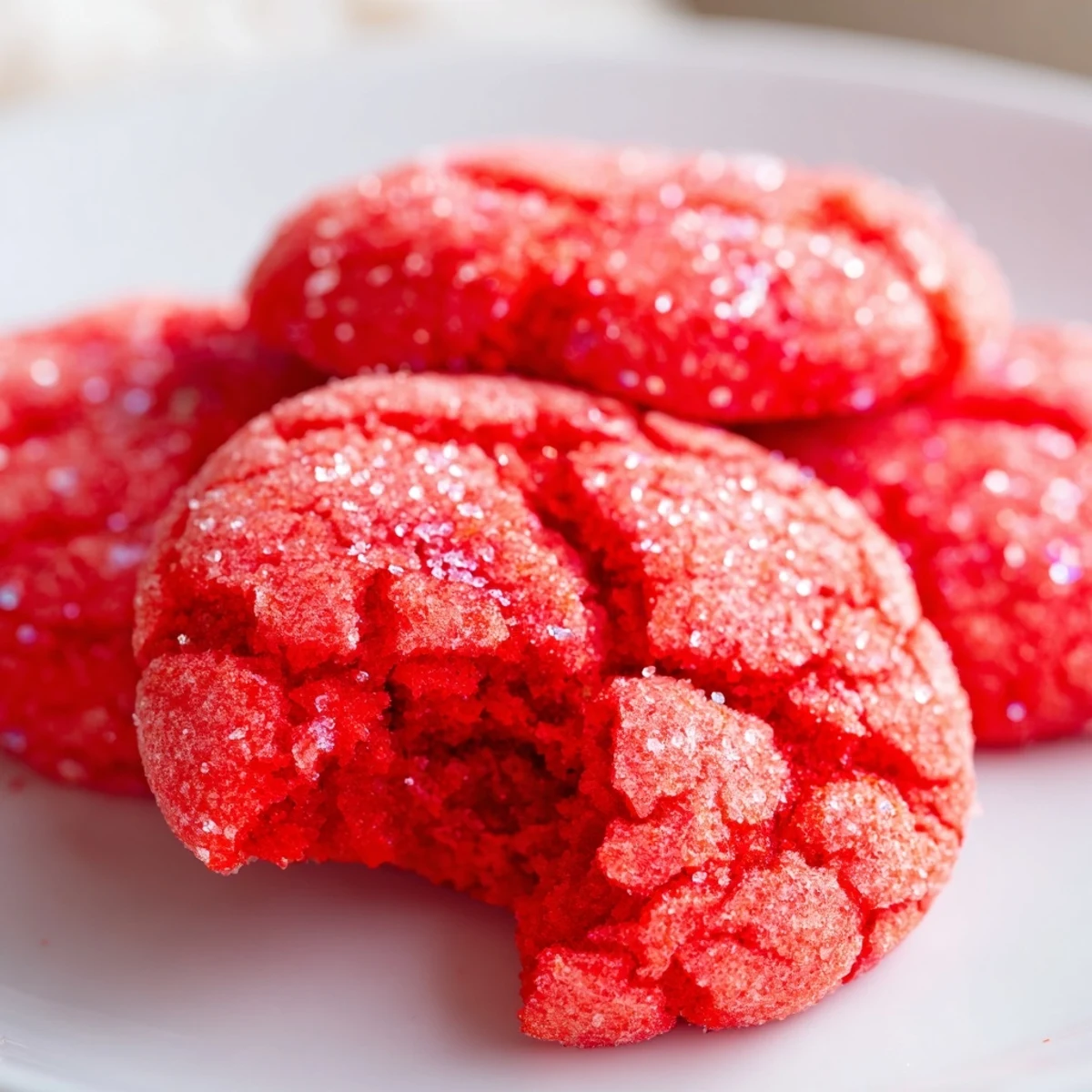 Soft chewy Jello sugar cookies with vibrant pink edges on a white cooling rack