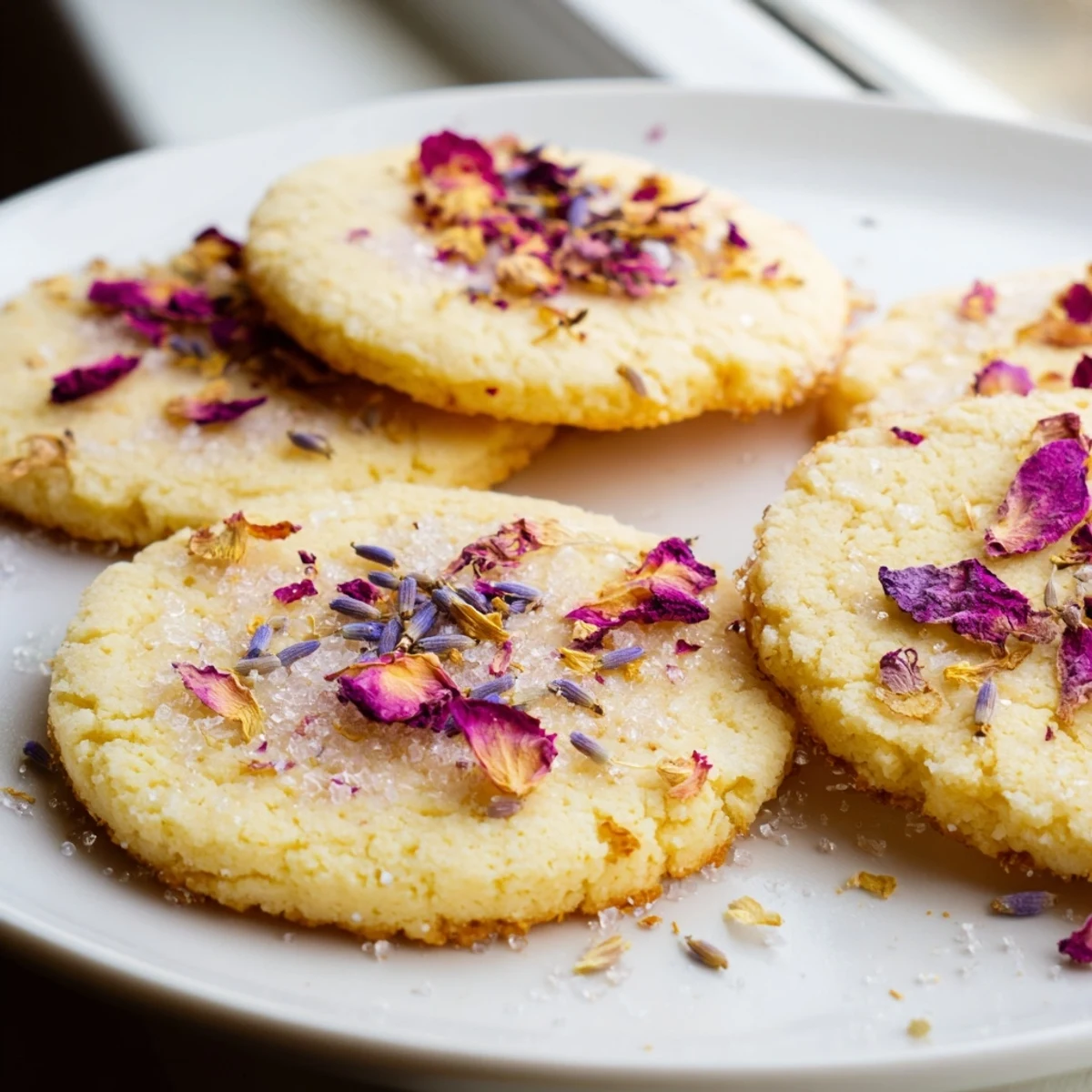 Golden Spring Blossom Cookies topped with colorful edible flowers on a rustic baking sheet