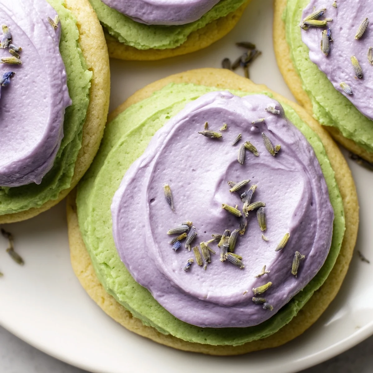 Soft matcha sugar cookies with lavender frosting arranged on a rustic ceramic serving plate