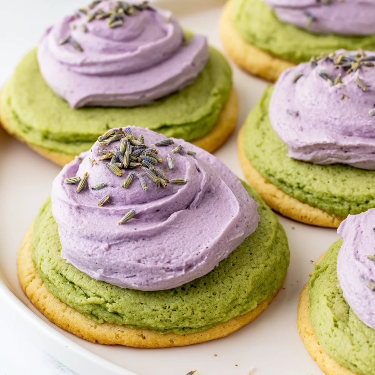 Green matcha sugar cookies topped with creamy purple lavender buttercream and floral garnish