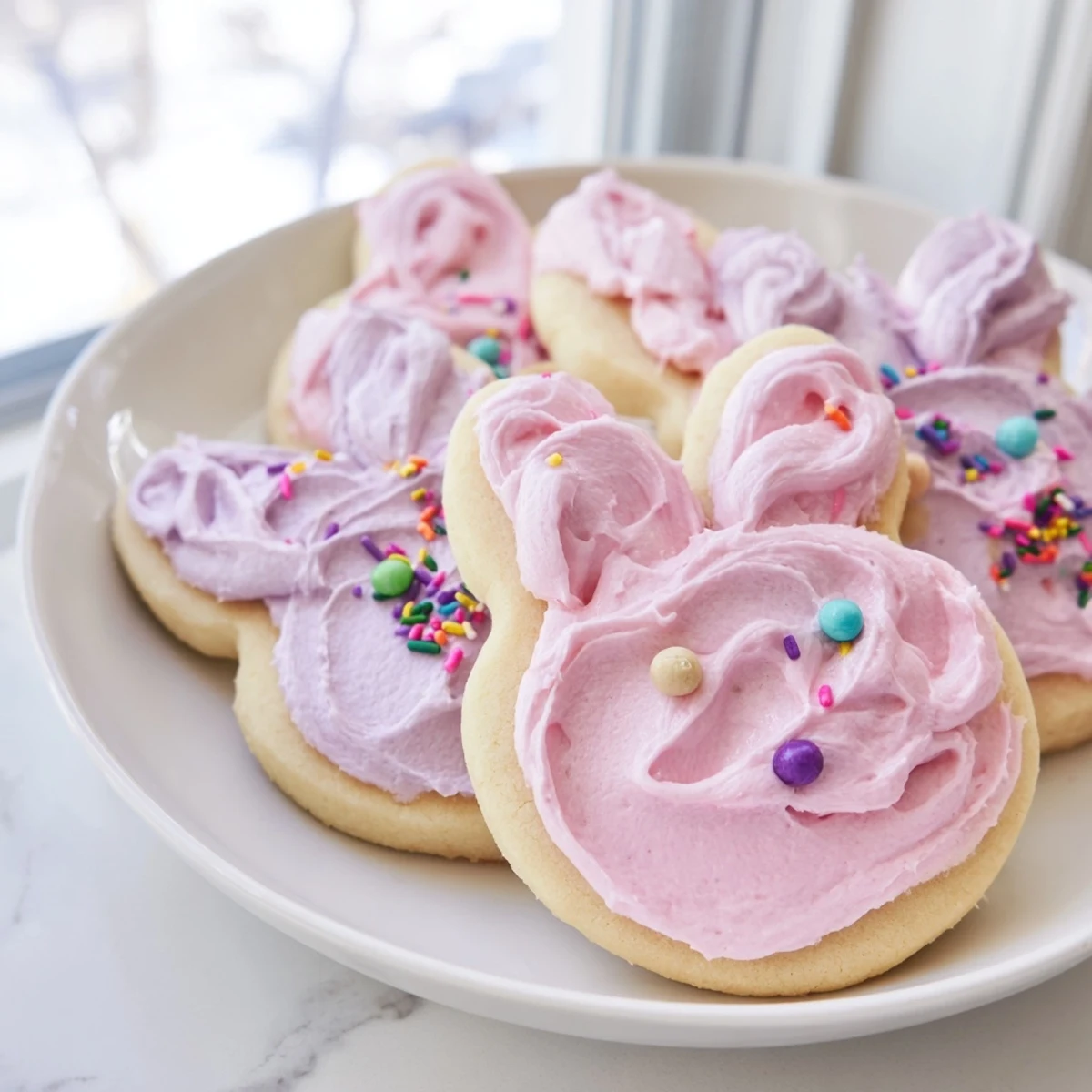 Adorable buttercream bunny cookies decorated with pastel frosting and sweet candy faces on a rustic baking sheet