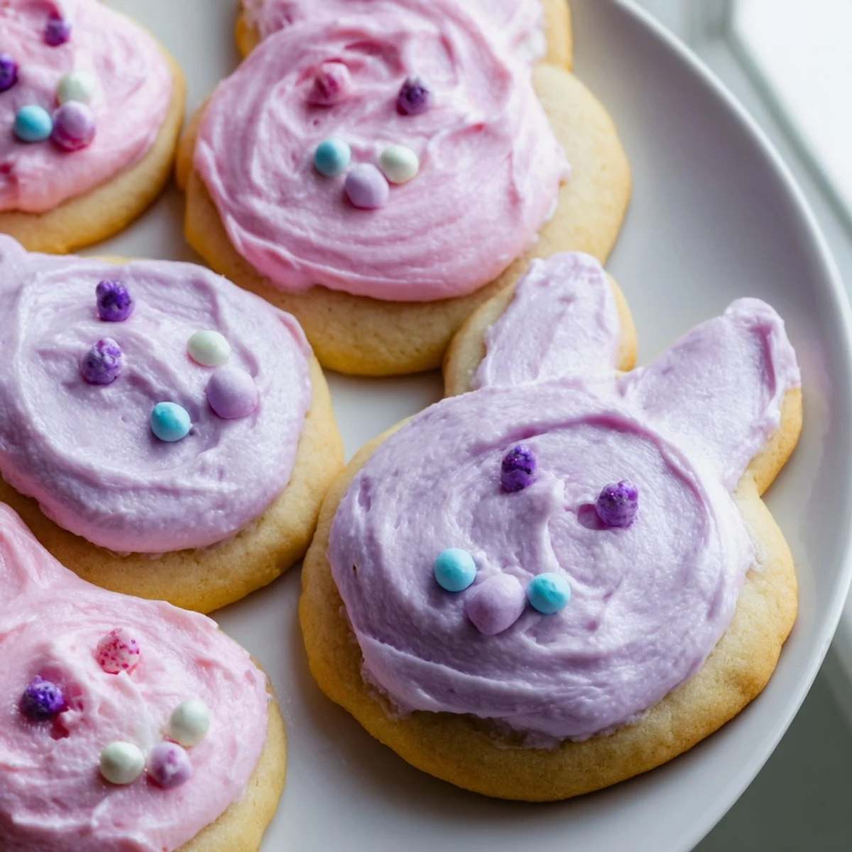 Golden buttercream bunny cookies topped with silky swirled frosting and playful sprinkle accents for spring celebrations