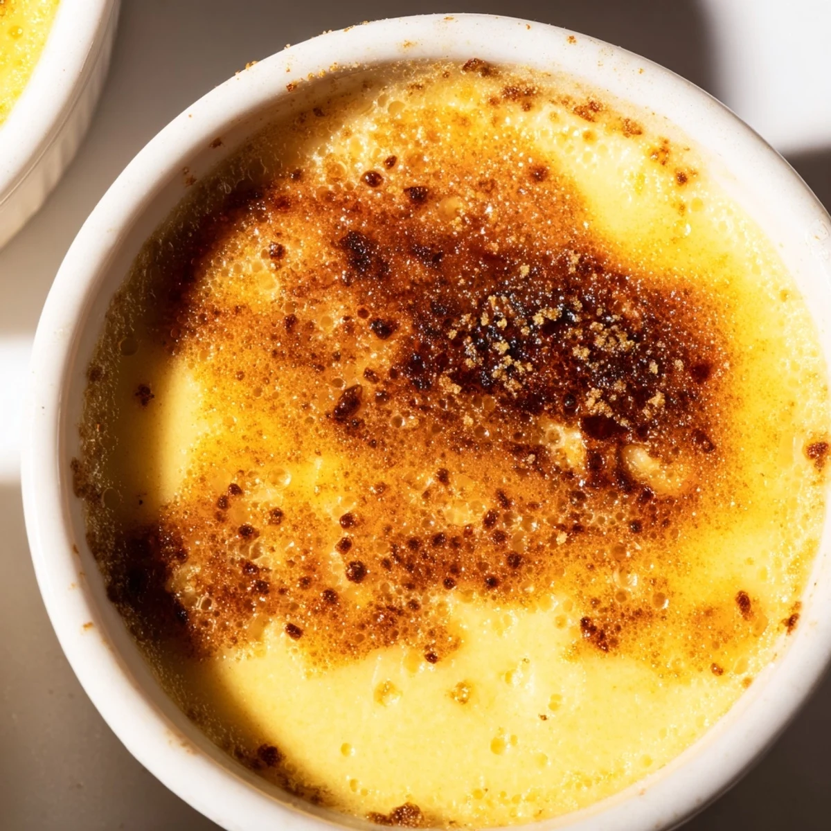 Creamy Portuguese rice custard topped with golden cinnamon sugar in white ramekins
