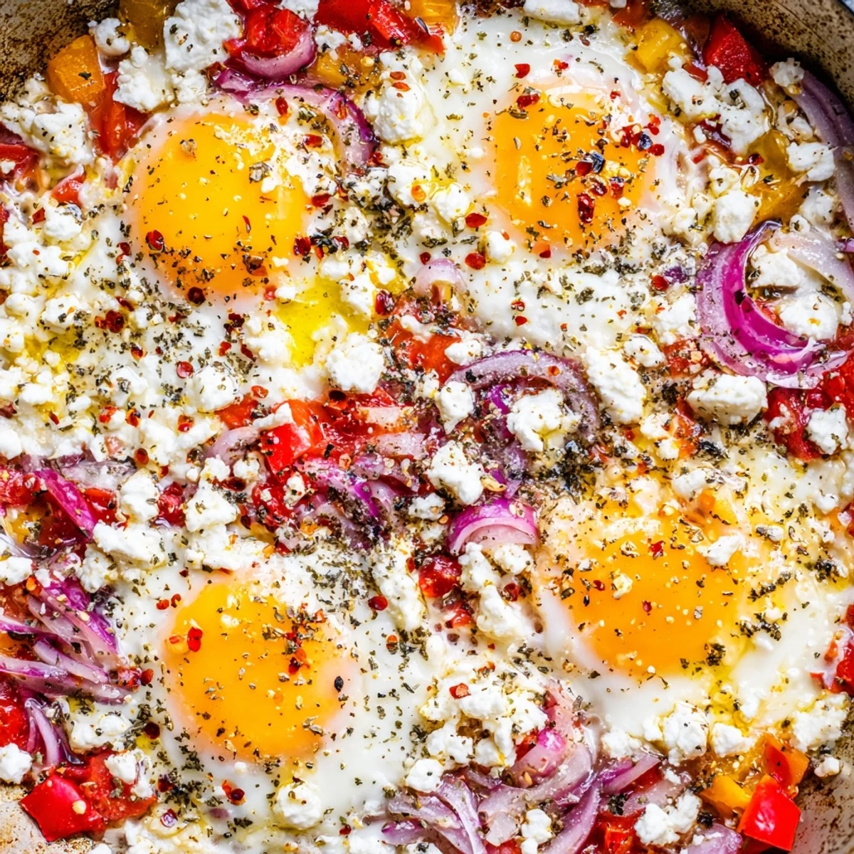 Golden baked feta eggs with runny yolks nestled in creamy cheese and roasted vegetables