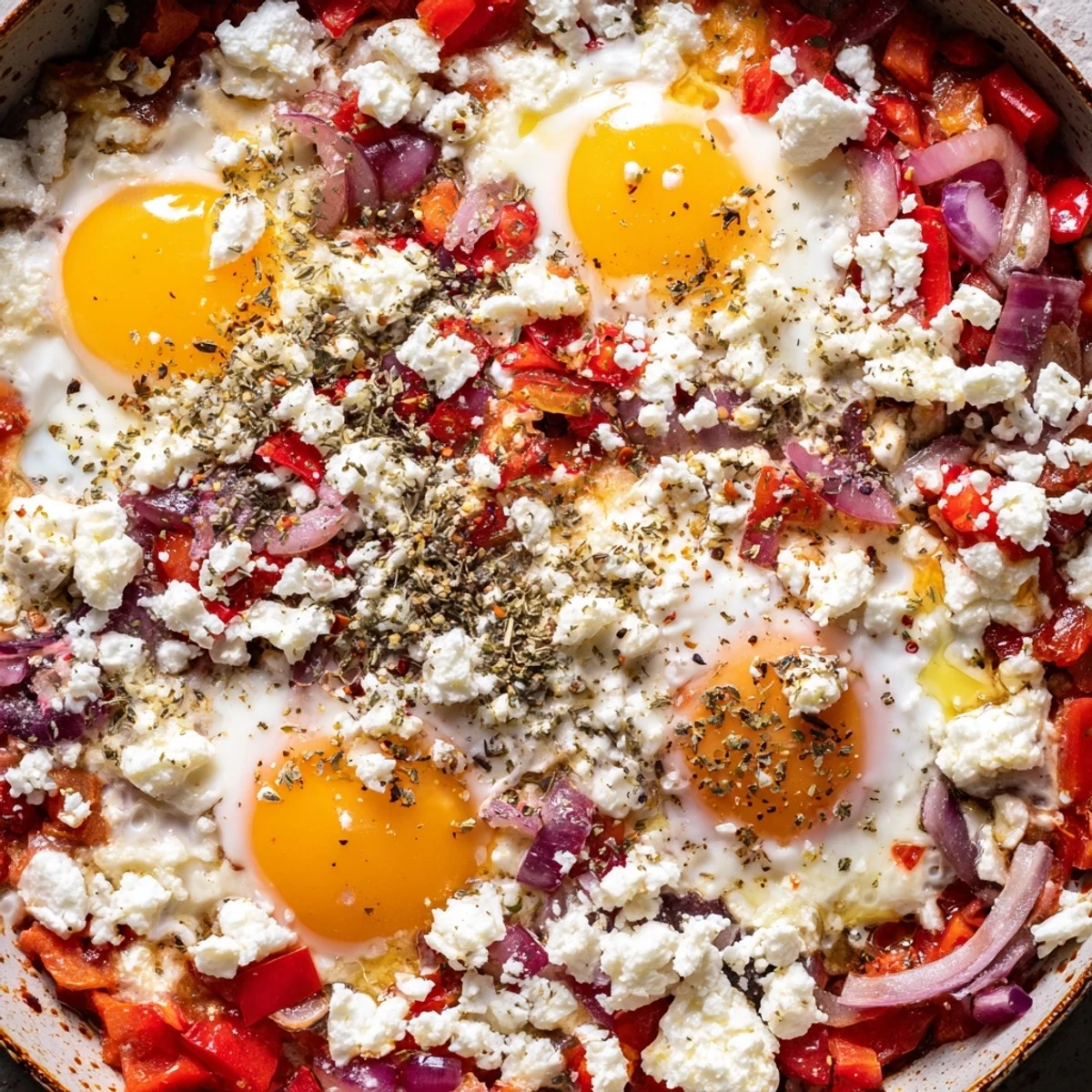 Creamy baked feta eggs in a cast iron skillet topped with fresh parsley and peppers