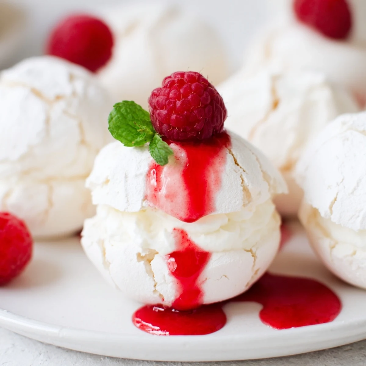 Crisp Pavlova bombs with whipped cream filling drizzled in vibrant red raspberry coulis on white plate