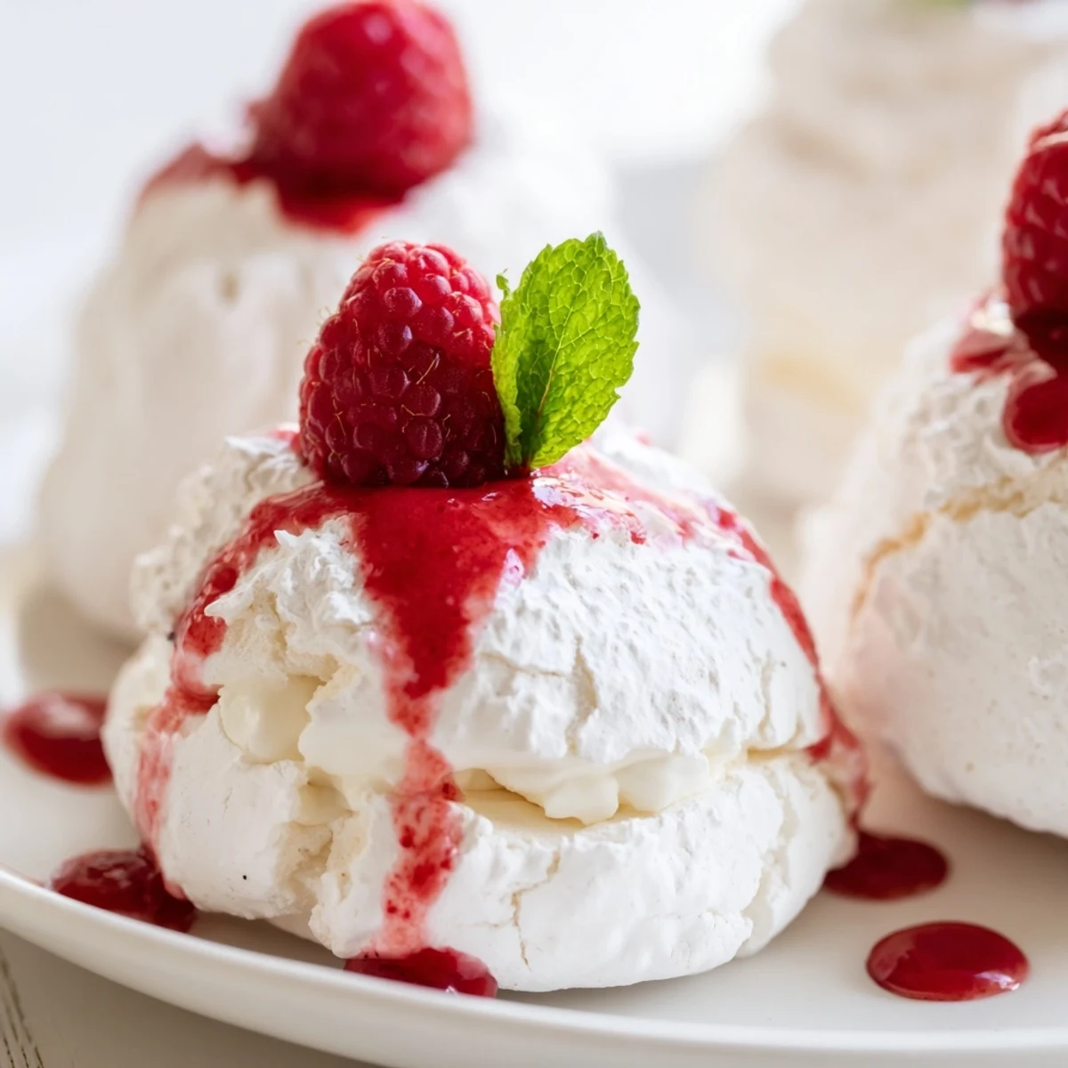Golden meringue Pavlova bombs topped with fluffy cream and glossy tangy raspberry sauce garnished mint