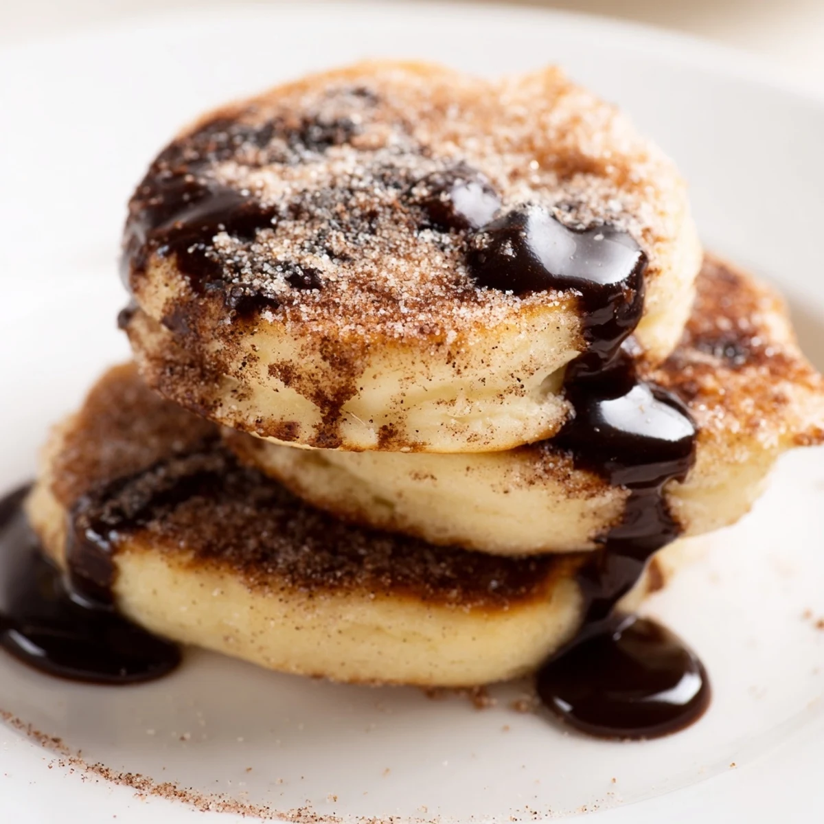 Fluffy Spanish Churro Pancakes stacked high and drizzled with rich, glossy dark chocolate sauce