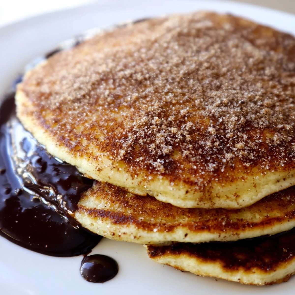 Golden Spanish Churro Pancakes coated in warm cinnamon sugar, ready for chocolate dipping