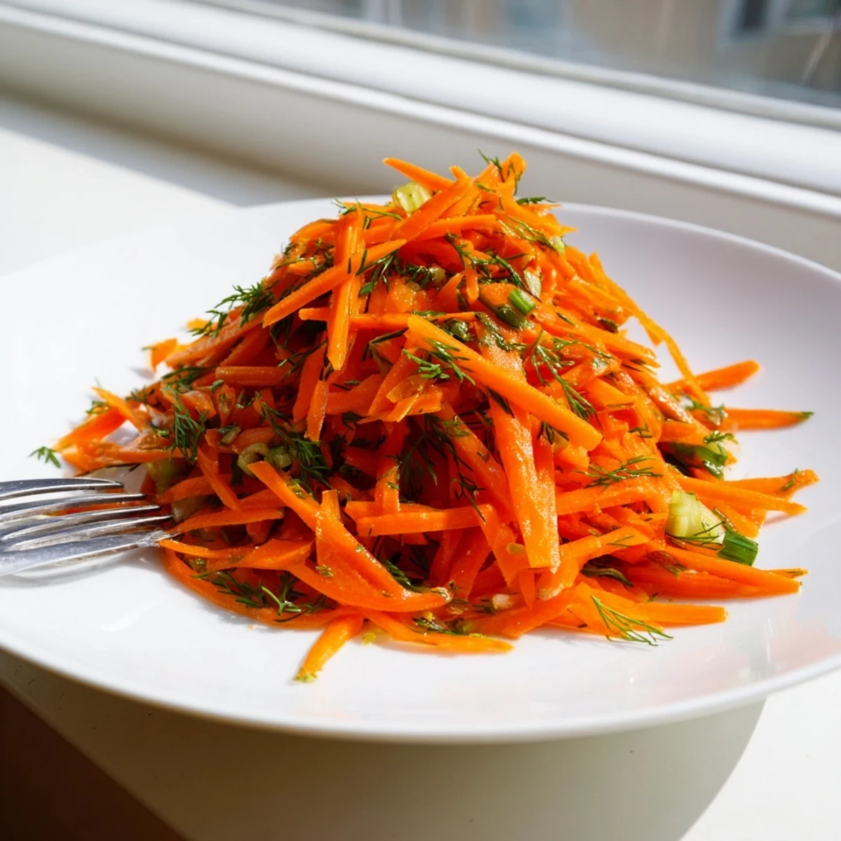 Crisp Marinated Lemon Dill Carrot Salad glistening with bright citrus dressing and fresh herbs