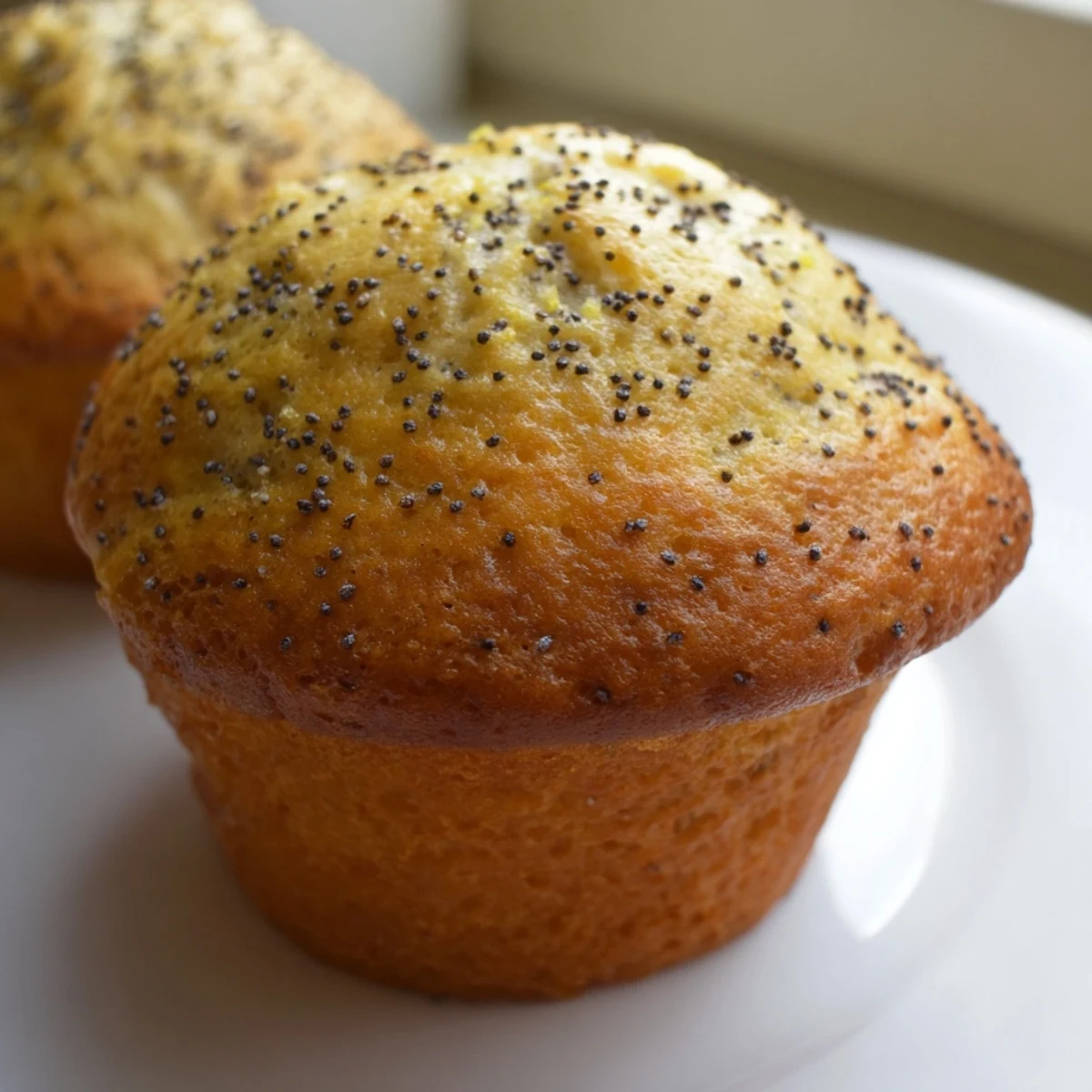 Moist lemon poppy seed muffins topped with zest on a rustic plate