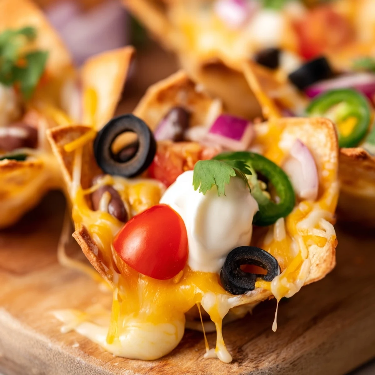 Golden cheesy nacho cups bubbling with melted cheddar and colorful fresh toppings