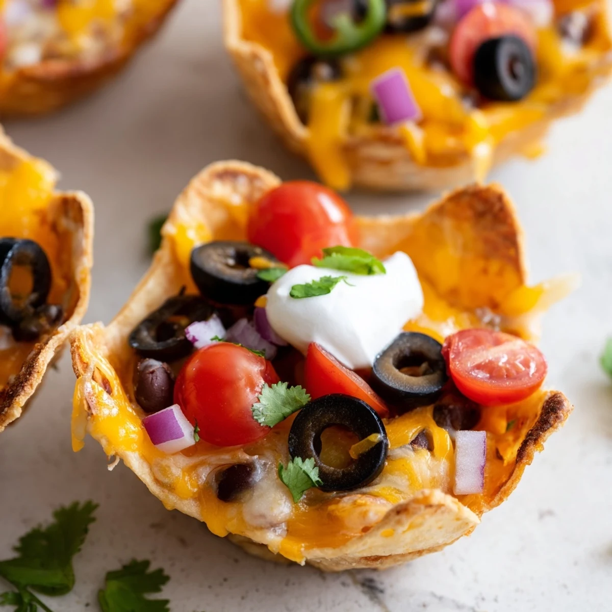 Mini tortilla cups piled high with gooey cheese beans and zesty garnishes