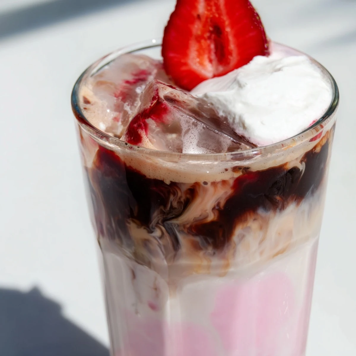 Creamy strawberry latte in a tall glass with swirled pink layers and ice